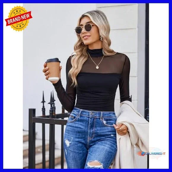 Long Sleeve Bodysuit Shapewear Mesh Turtleneck Going Out Top - Picture 5 of 8